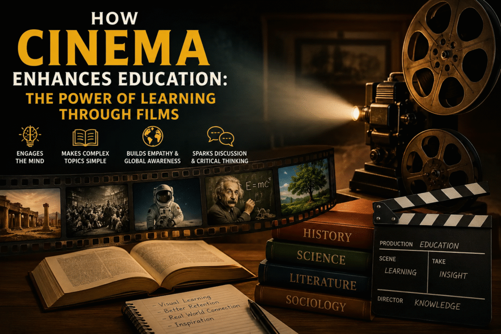 Students learning history through educational movies.