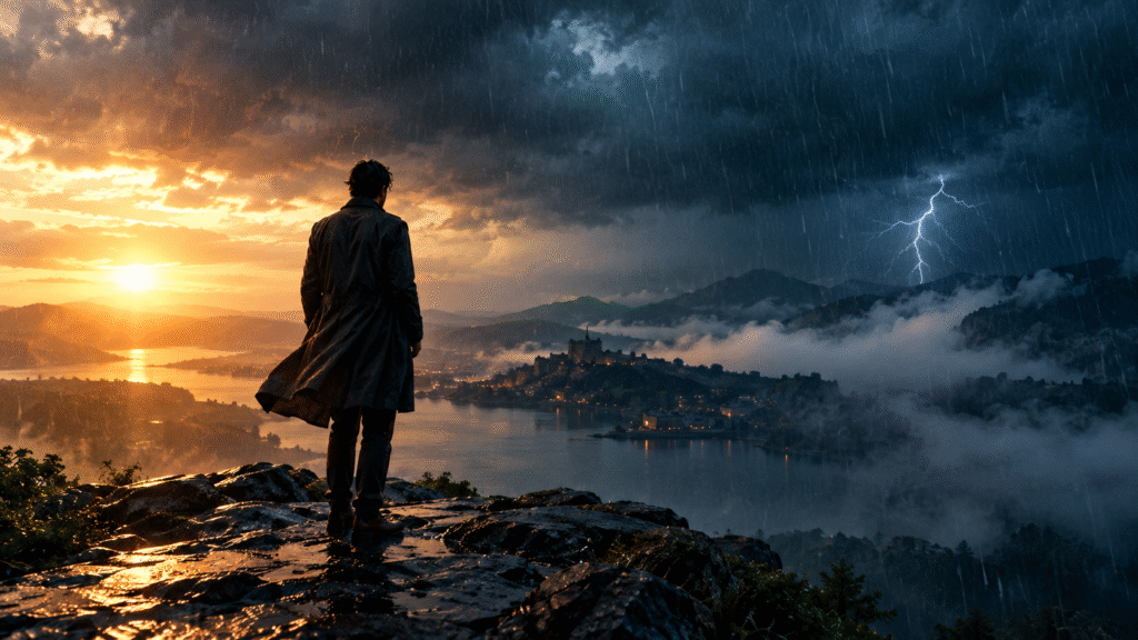 Weather in film showing a character surrounded by dramatic rain, sunlight, fog, and storm clouds